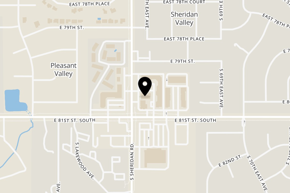 Map showing the location of MASA Empanadas on 8013 S Sheridan Rd Unit D in Tulsa